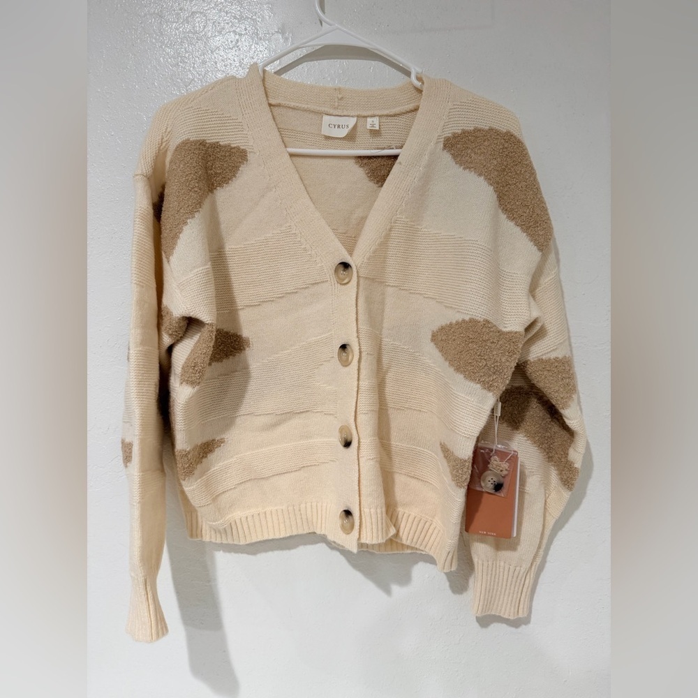 Cyrus Button Front Cream and Camel Cardigan Sweater size S - Picture 7 of 12